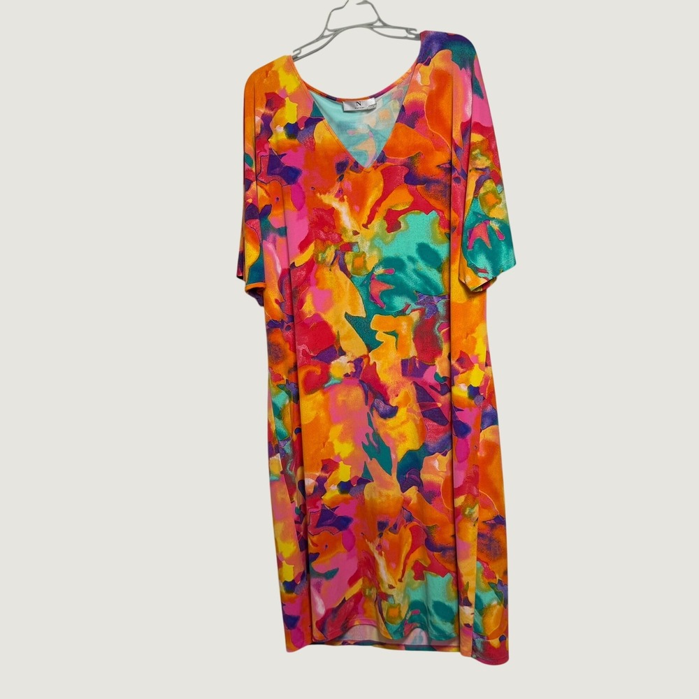 Natori Women XL Abstract Floral V-Neck Midi Dress MultiColor Short Sleeve Jersey
